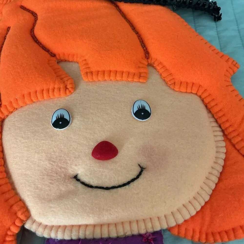 Handmade Halloween Witch Wall Hanging Felt Sequin Decor Orange Hair 34”